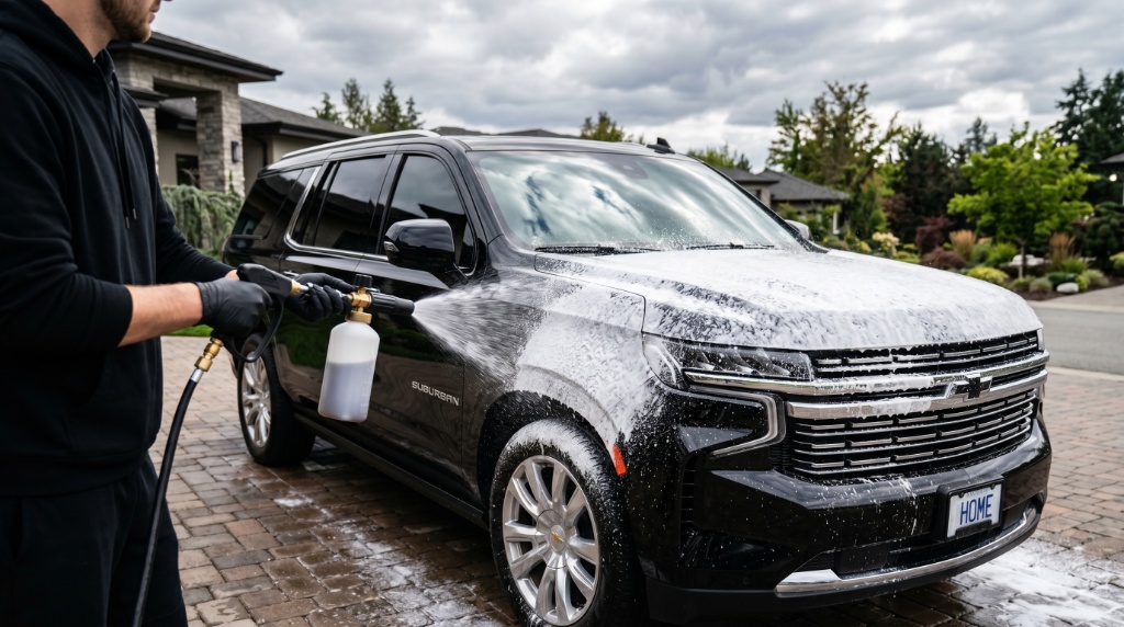Foam cannon washing black Chevy Suburban driveway